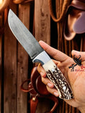 Handcrafted Hunting Knife: Stag Horn Handle, Leather Sheath, Sharp Steel Blade